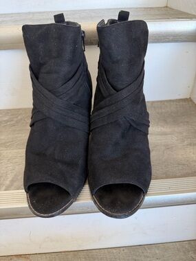 Black Peep-Toe Ankle Booties with Wrap Detail